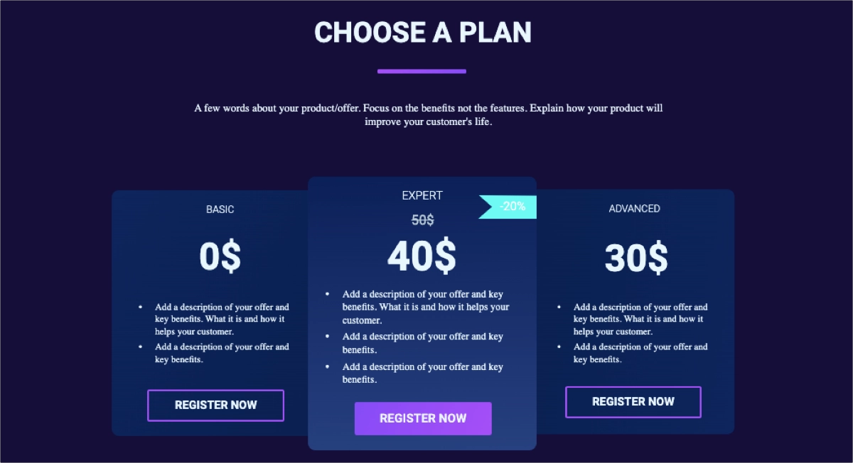 pricing landing page design - template