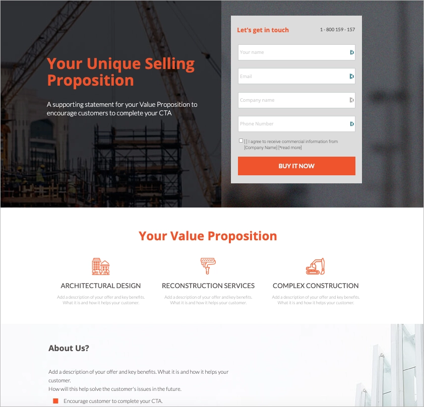 construcción landing page plantilla