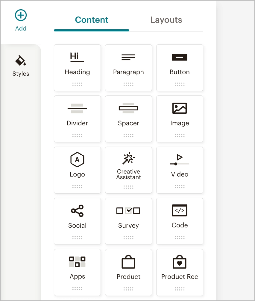 bloque de construcción de mensajes disponible en la plataforma de automatización de marketing por correo electrónico Mailchimp