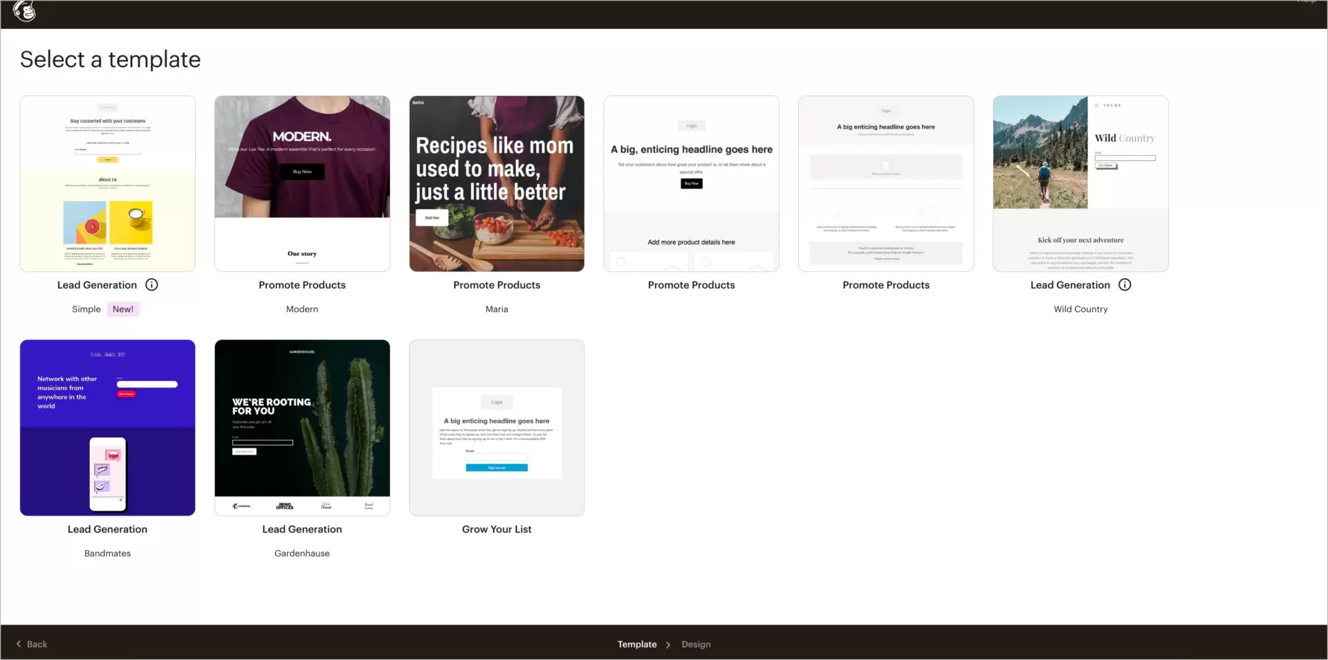 landing page templates available in generous free plan in mailchimp