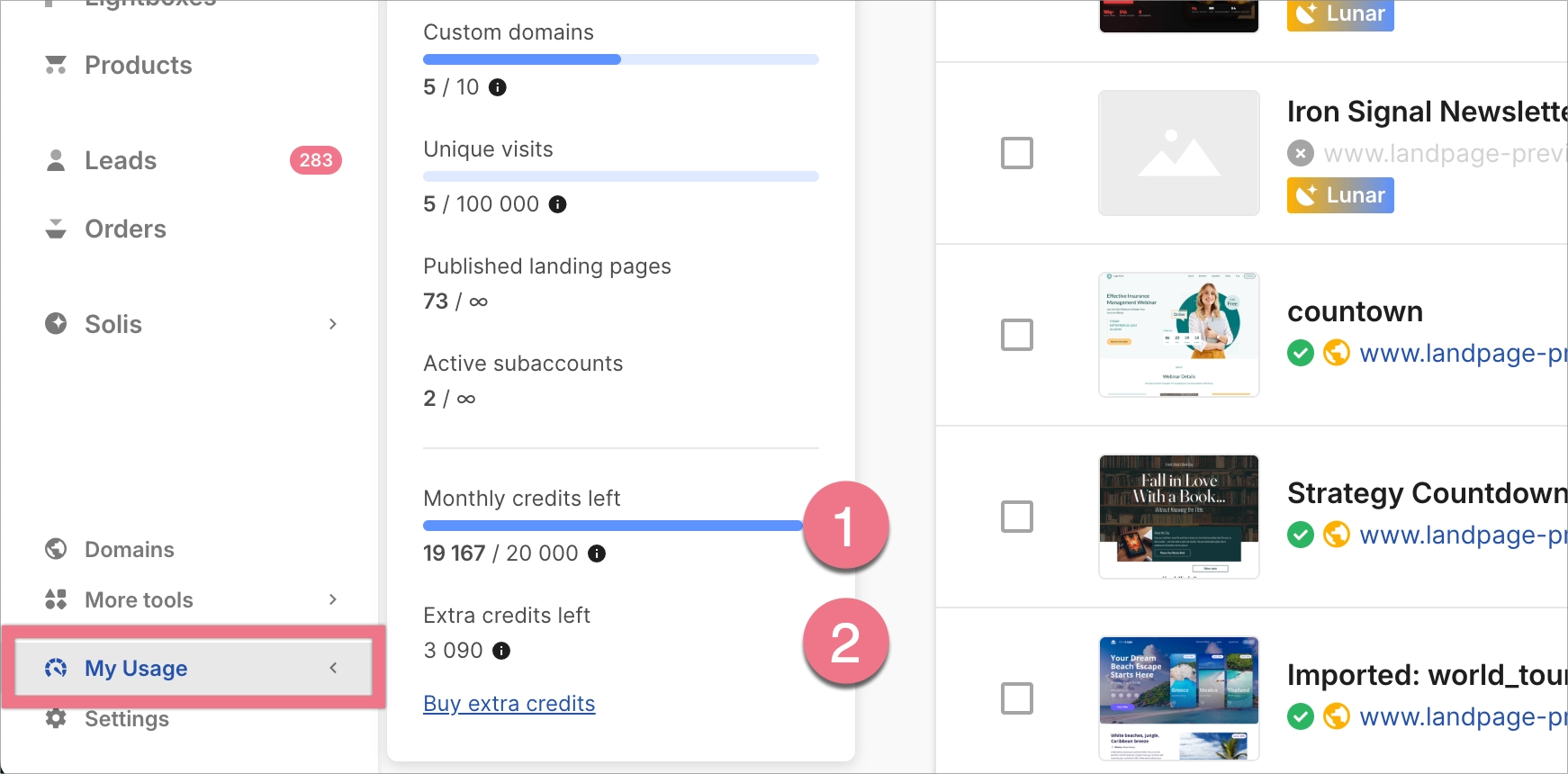 My Usage tab in Landingi platform