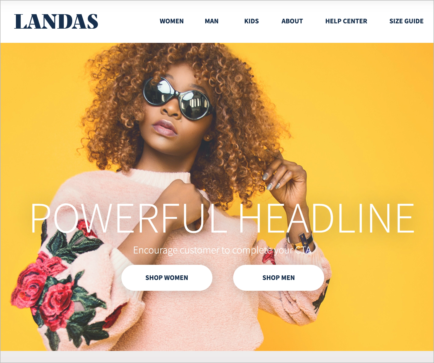 ecommerce landing page template with women presented at the hero photo