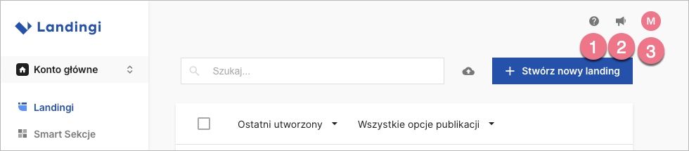 Trzy zakładki w górnym pasku w Landingi