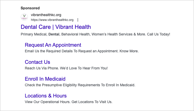 Vibrant Care's search ad as an example of healthcare digital marketing