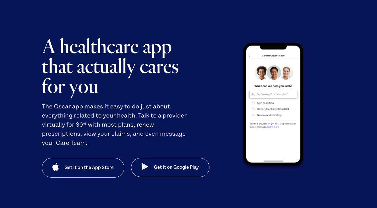 View of Oscar Health App landing page