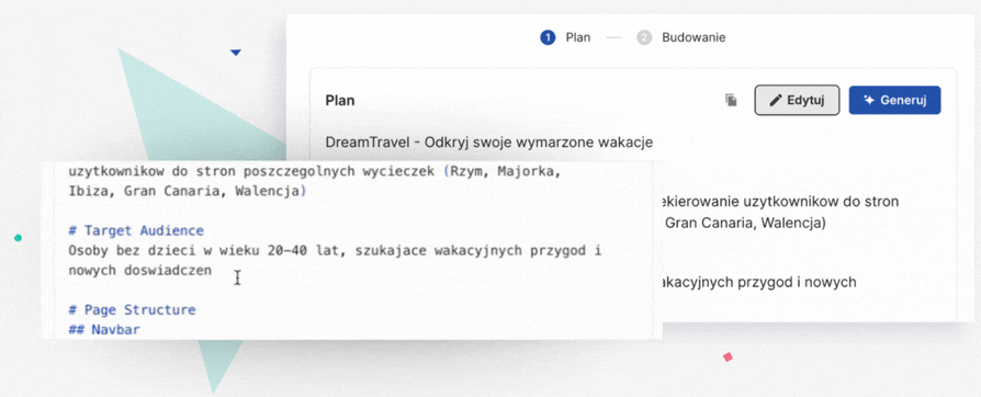 Edycja planu landing page’a przygotowanego przez generator AI