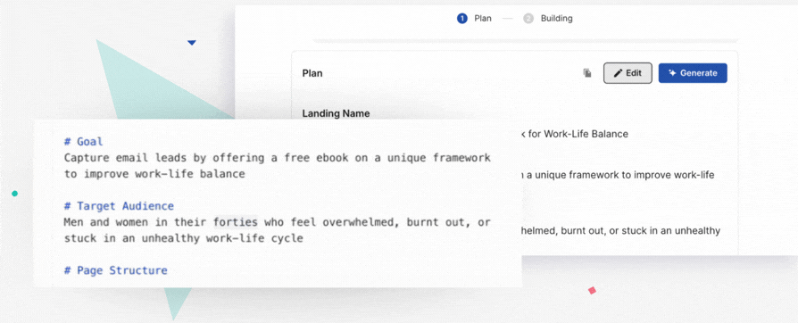 Editing landing plan prepared by AI generator