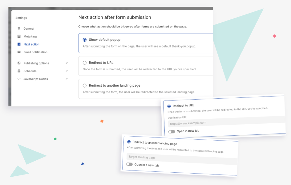 Next action after form submission settings in Landingi's Lunar AI generator