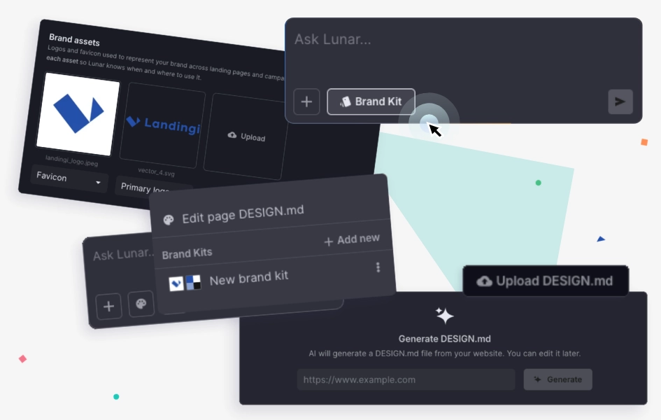 Brand Kit in Lunar AI with brand assets and options to upload or generate a DESIGN.md file