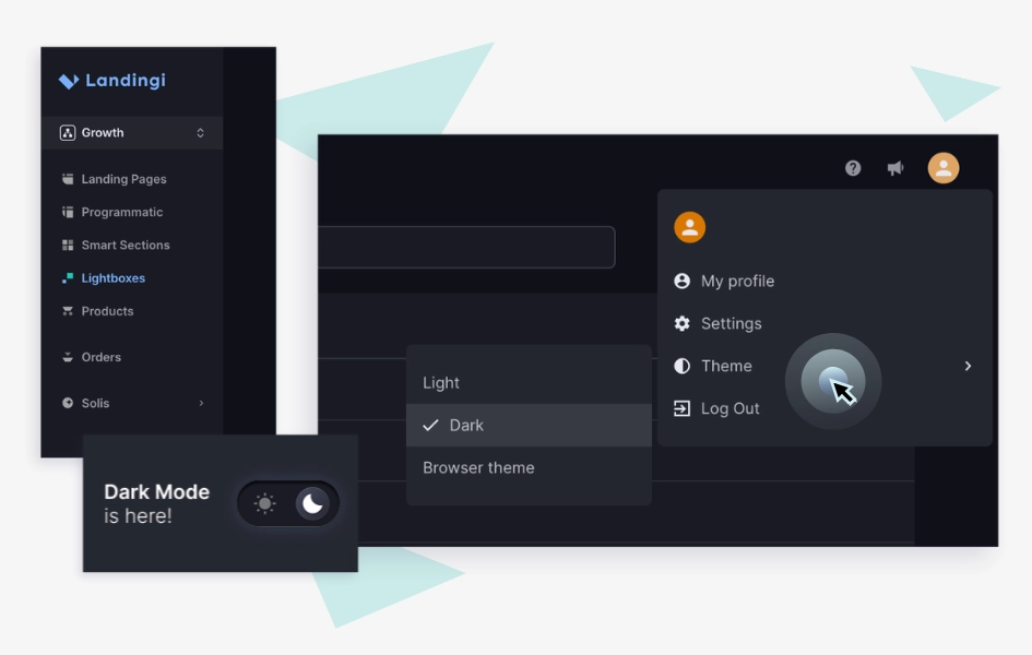Dark mode theme selection in the Landingi platform