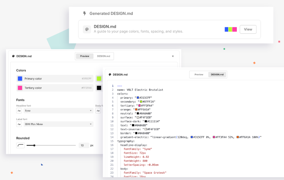 Generated DESIGN.md file with page colors, fonts, and styles