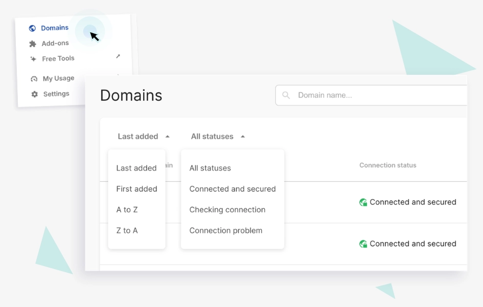 Updated Domains view with sorting and status filters