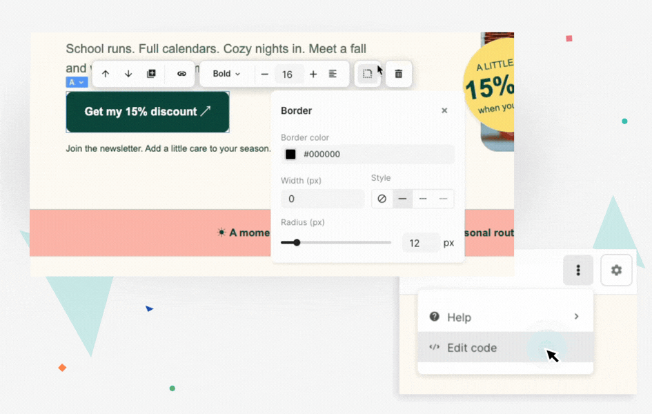 Editing a landing page in Landingi with the menu open and the Edit code option visible