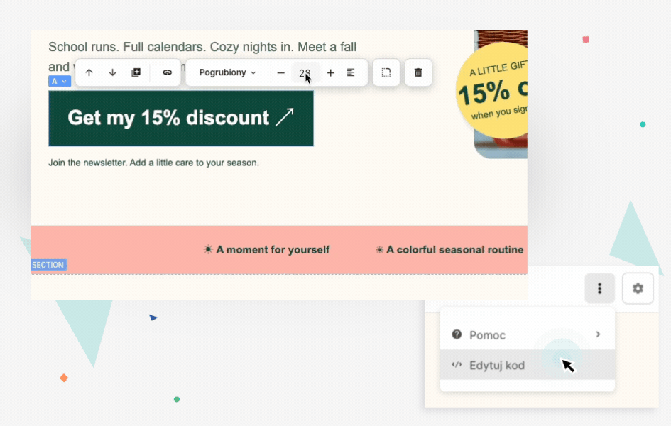 Edycja landing page’a AI w Landingi z otwartym menu zawierającym opcję Edytuj kod