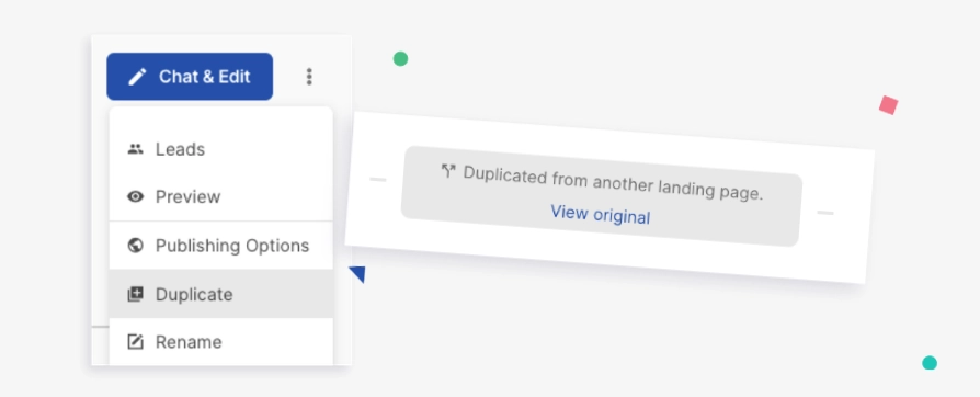 Landing page menu in Landingi with the Duplicate option and a message confirming the page was copied from another landing page