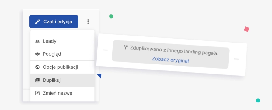 Menu landing page’a AI w Landingi z opcją Duplikuj i komunikatem o utworzeniu kopii z innego landing page’a