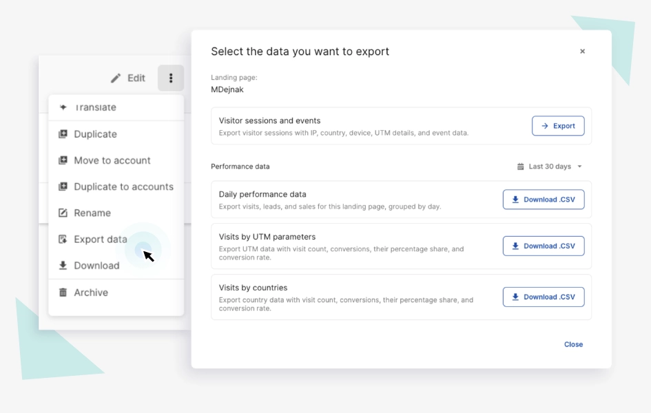 Landing page data export window in Landingi with options for sessions, performance data, UTM data, and visits by country