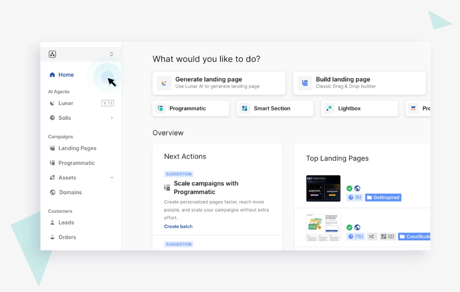 New Home view with quick actions and account overview