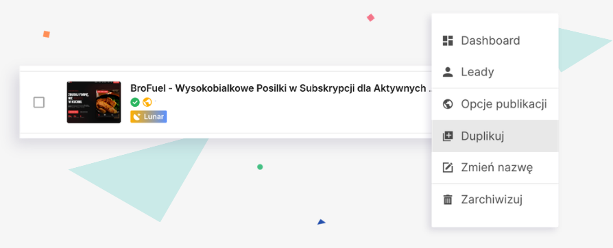 Opcja duplikowania landing page’a w Lunarze w Landingi