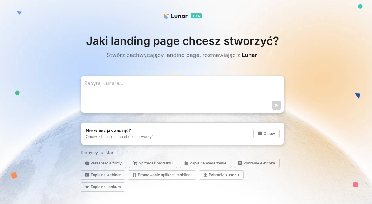 Ekran startowy generatora landing page’y AI Lunar