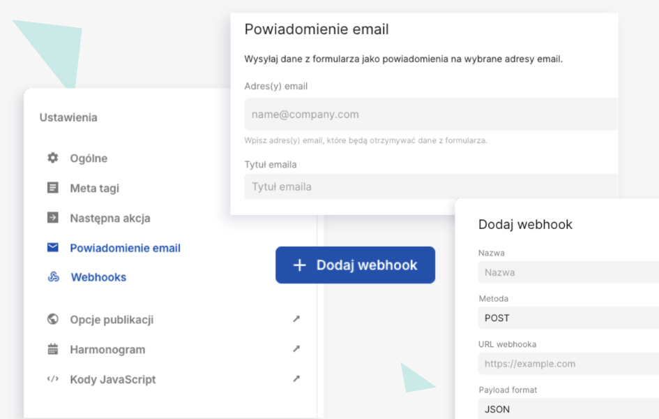 Ustawienia Lunar dotyczące powiadomień e-mail i integracji webhook.