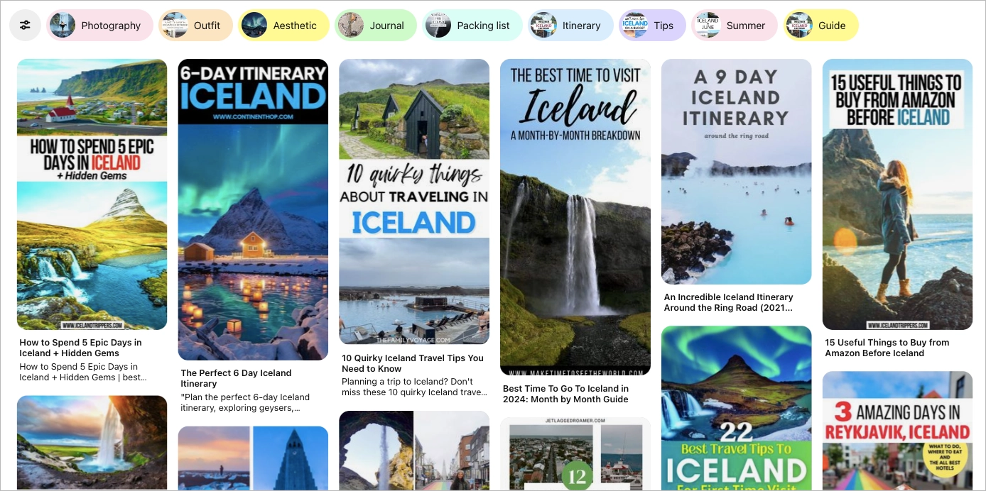 Pinterest board with travel pins.