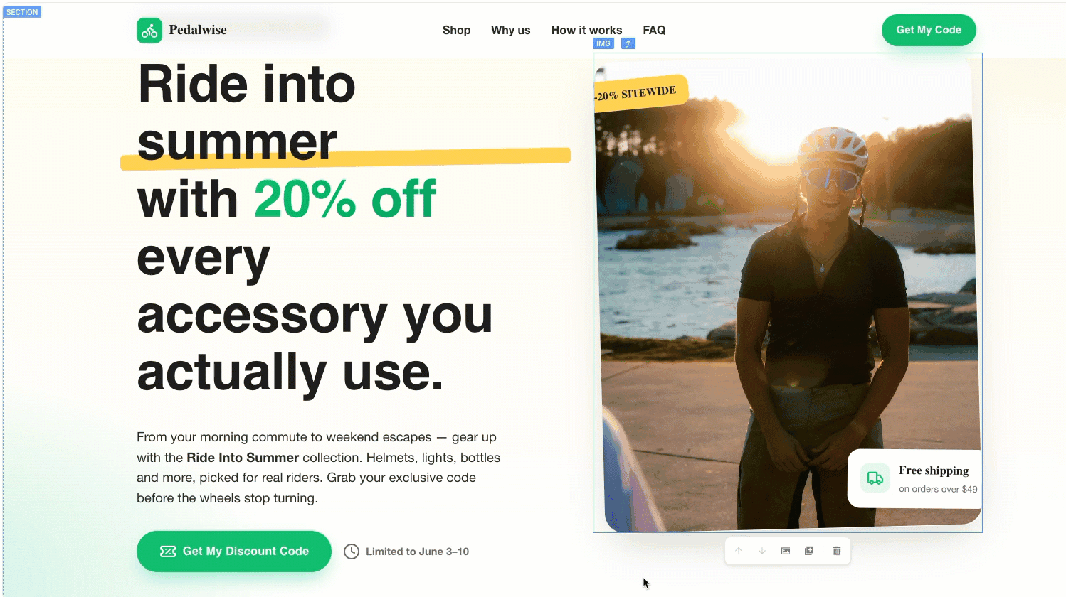 Tryb edycji Lunar z narzędziami do modyfikowania landing page’a wygenerowanego przez AI.