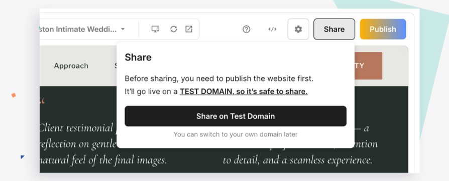 Sharing a landing page on a test domain before publishing