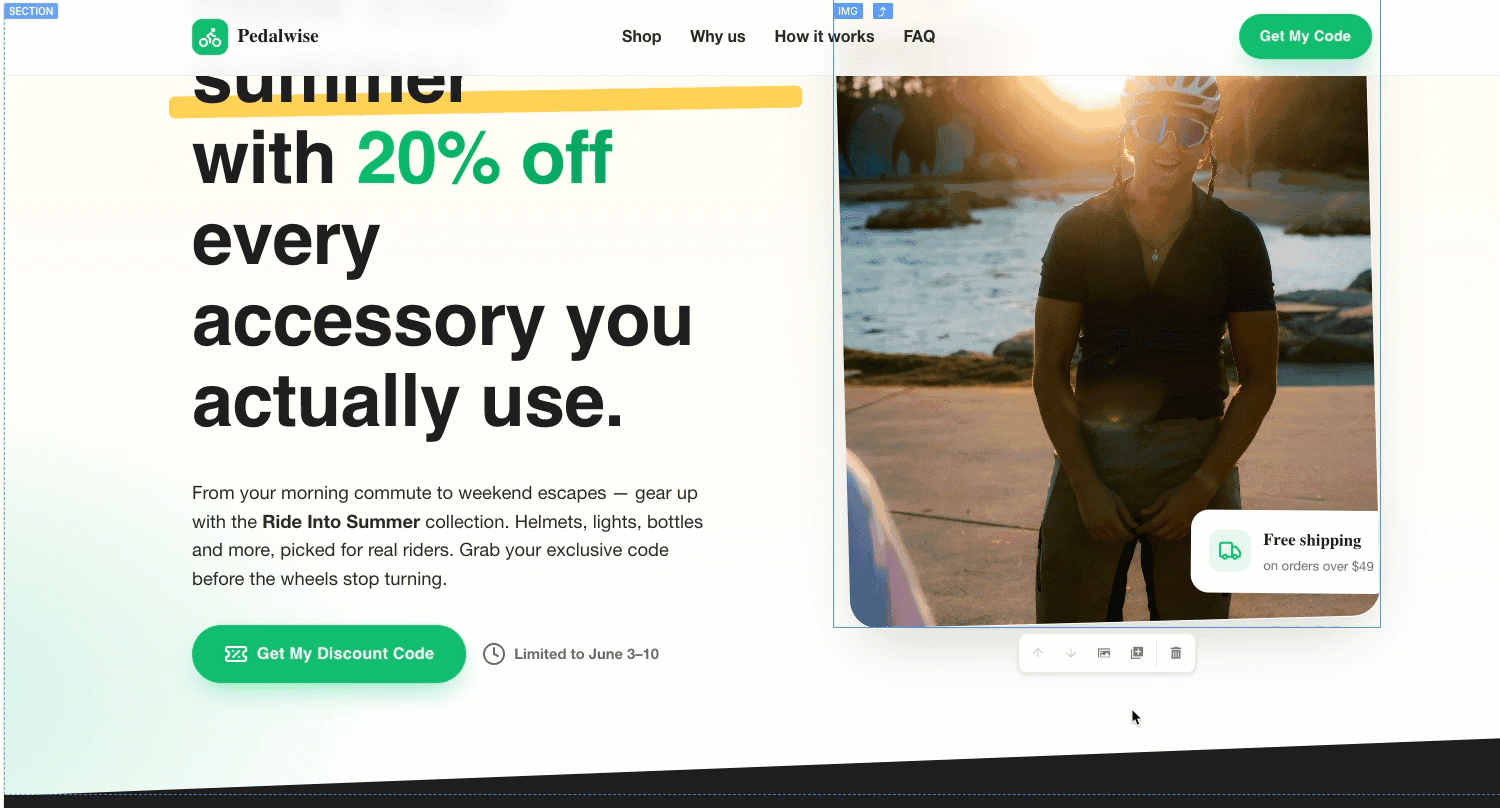 Lunar Edit Mode with controls for editing an AI-generated landing page.