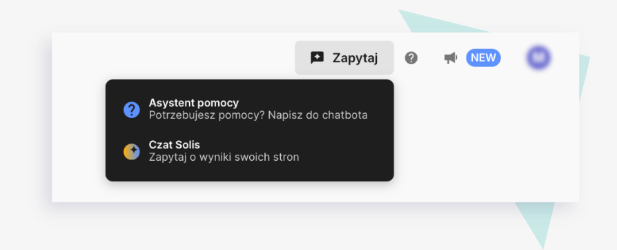Menu Zapytaj z opcjami Asystenta AI i czatu z Solisem