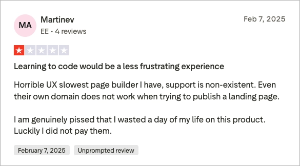 Negative Nutzerbewertungen von ConvertFlow, die die langsame Leistung, die schlechte Nutzererfahrung und den Mangel an zuverlässigem Support kritisieren