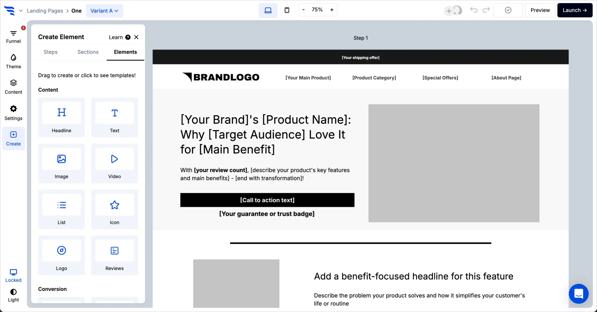 ConvertFlow Landing Page und Trichter-Editor mit Inhaltselementen, Überschriftentext und Call-to-Action-Bereich