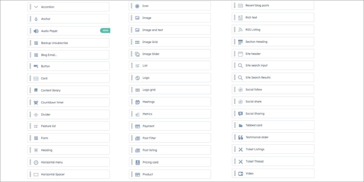 Construtor do HubSpot landing page - widgets