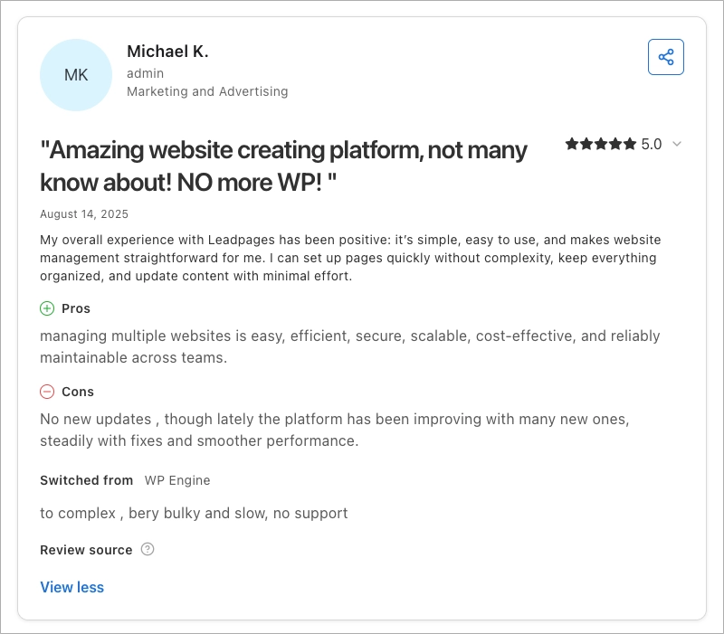 Positive Nutzerbewertung von Leadpages, die die Benutzerfreundlichkeit, die einfache Seitenverwaltung und die Skalierbarkeit für mehrere Websites lobt