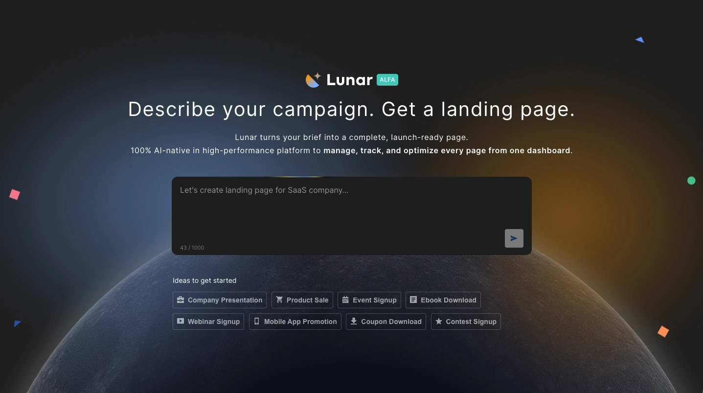 Lunar AI-native landing page generator interface with campaign brief input screen
