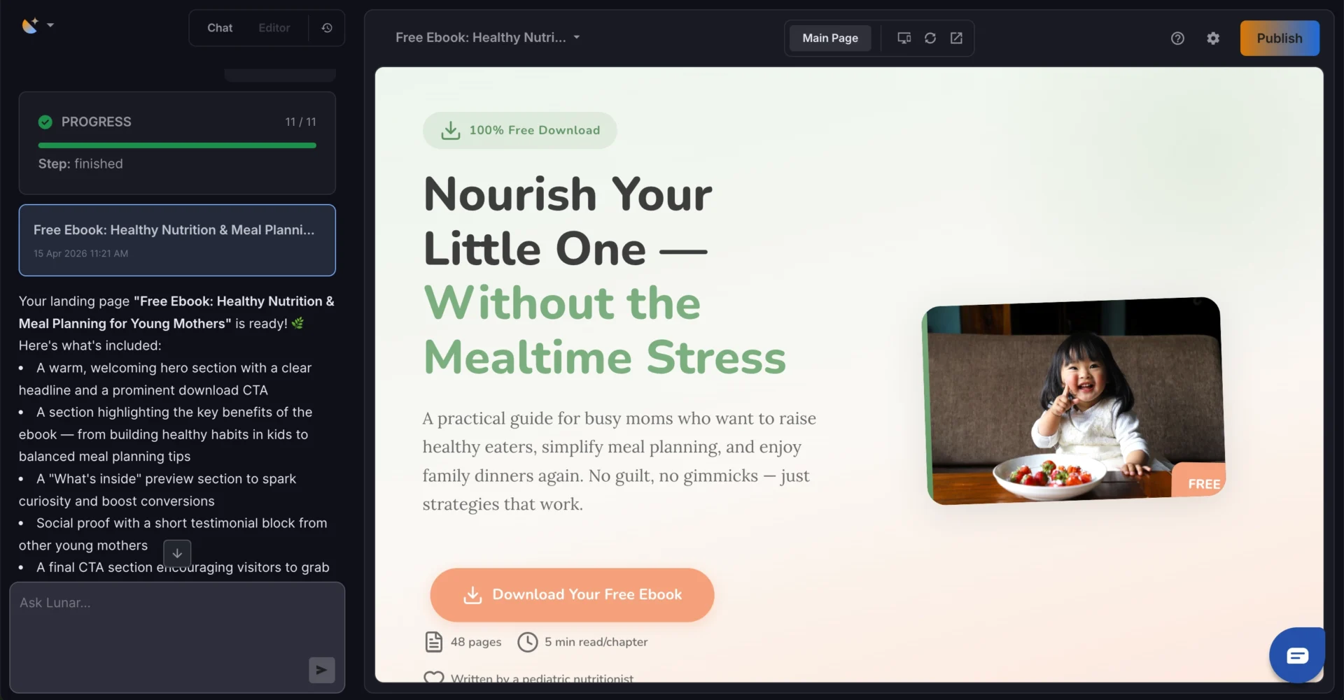 Lunar AI-generated landing page editor with ebook download page preview