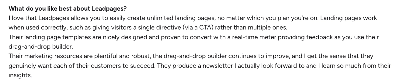 positive review about Leadpages from G2