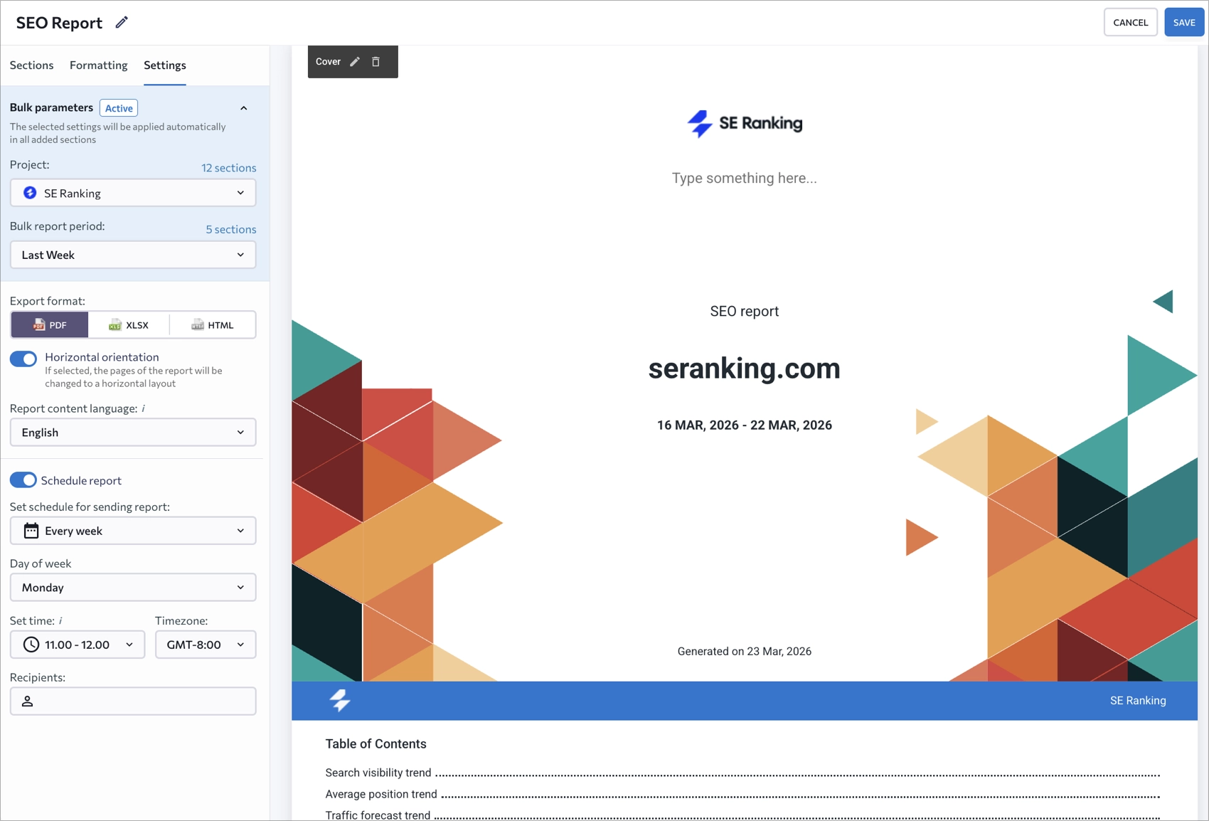 SE Ranking report overview