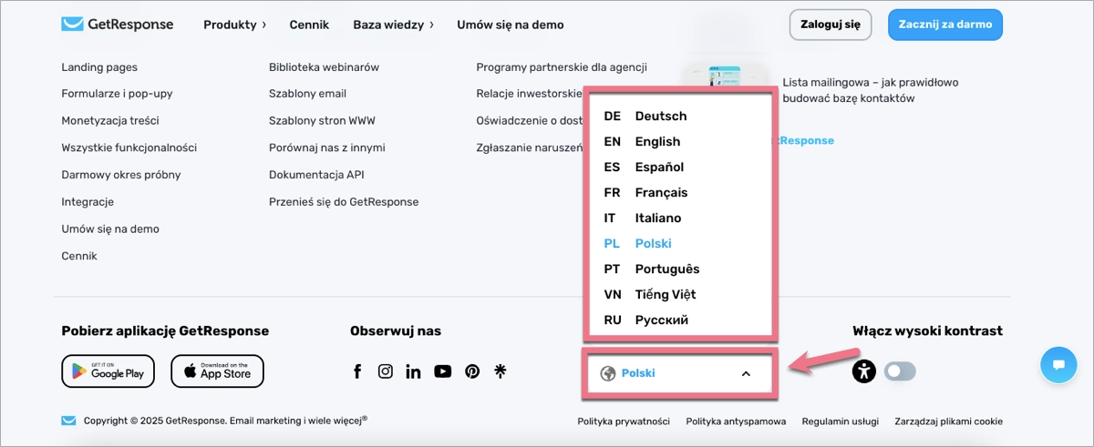 opciones de selección de idioma