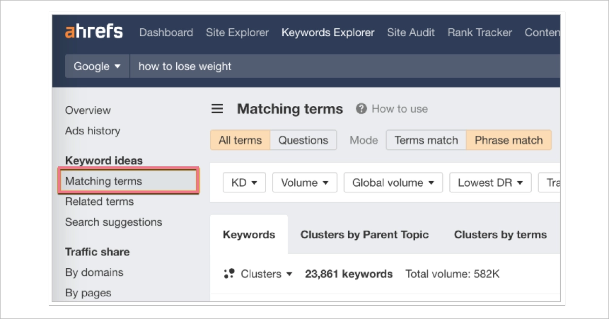Explorador de palabras clave Ahrefs - Términos coincidentes