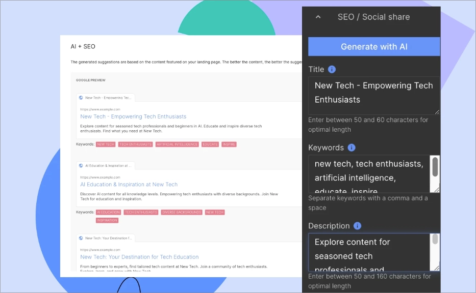 Esempio di come funziona la generazione di contenuti SEO in Landingi