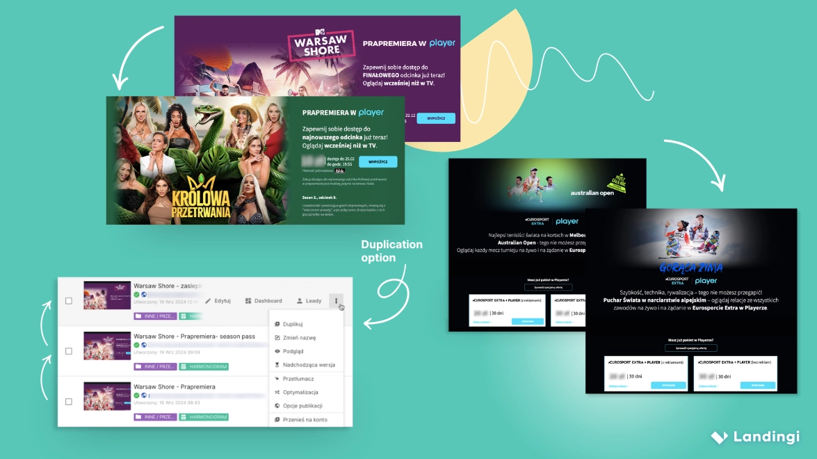 TVN Player creating landing pages through duplication