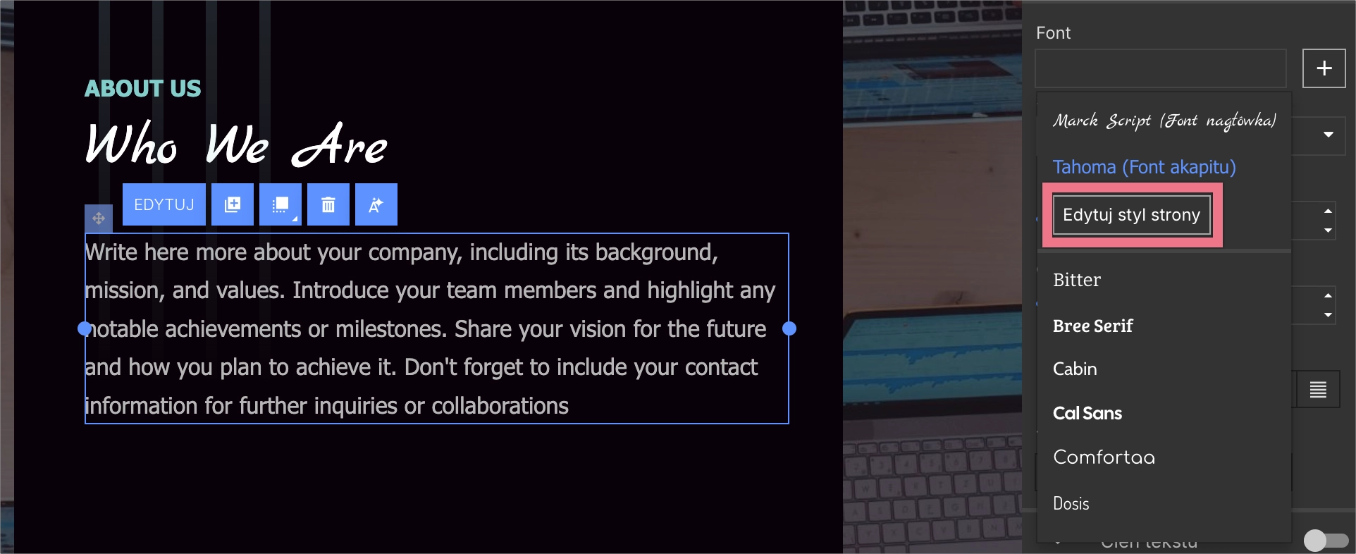 Przejdź do stylu strony w edytorze Landingi