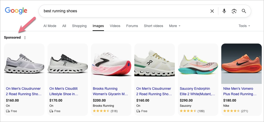 Exemple d'annonces de recherche Google pour la requête "meilleures chaussures de course".