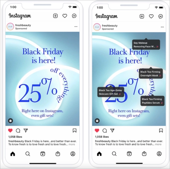 Exemple de publicité sur les médias sociaux Instagram de Fresh Beauty faisant la promotion d'une vente pour le Black Friday.