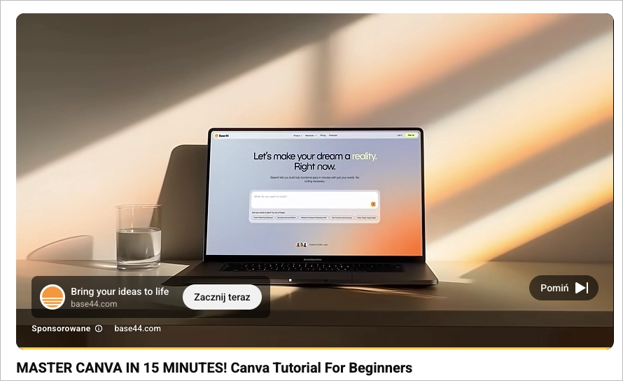 Exemple de publicité vidéo YouTube de Base44 promouvant un tutoriel Canva pour les débutants.