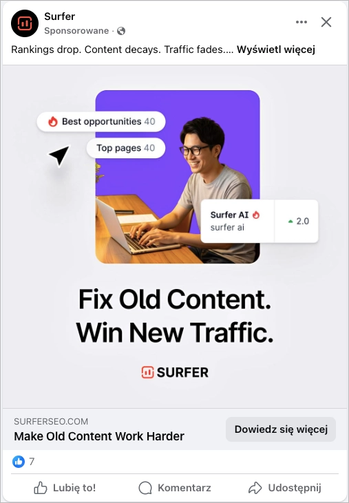 Exemple de publicité Facebook de Surfer faisant la promotion de son outil d'IA avec le slogan