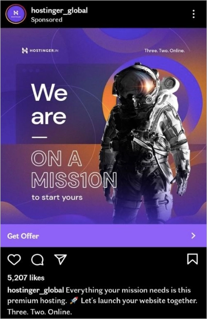 Exemple de publicité Instagram d'Hostinger présentant une campagne sur le thème de l'espace