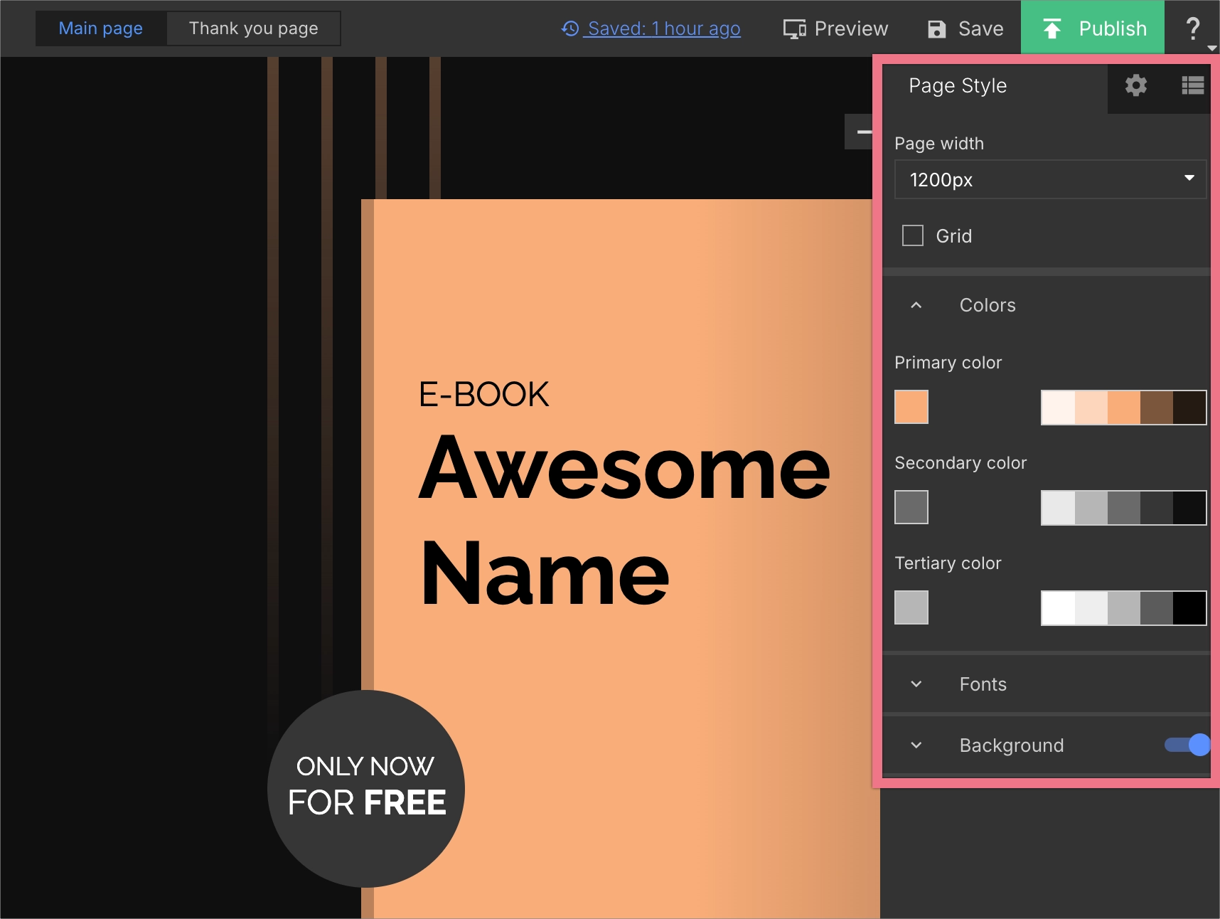 Page Style tab for landing page