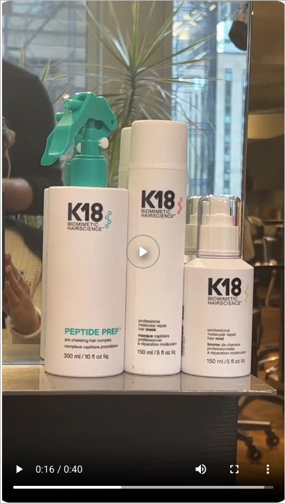 Exemple de publicité TikTok de K18 Hair montrant un trio de produits dans un salon de coiffure réel.